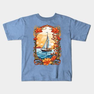 Sailing boat at sunset retro vintage floral design Kids T-Shirt